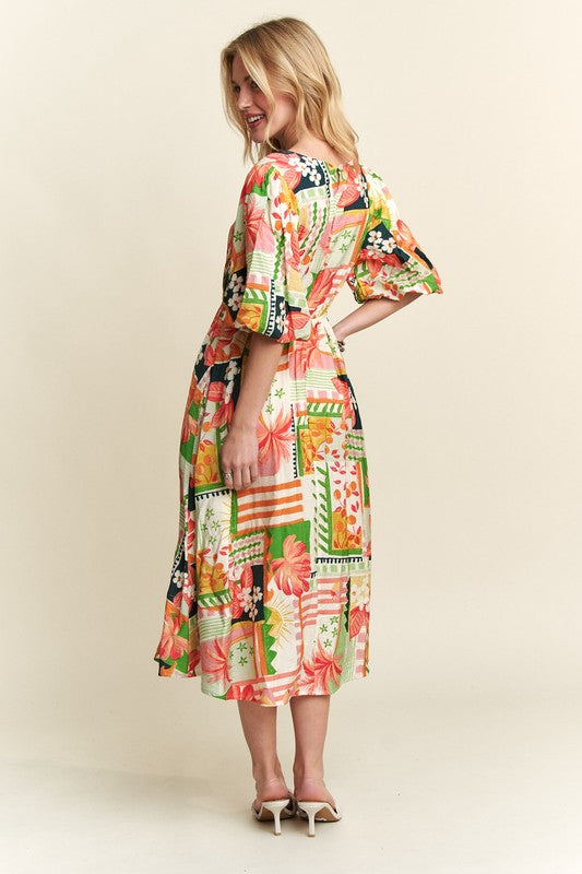 Tropical Puff Sleeve Resort Vacation Midi Dress