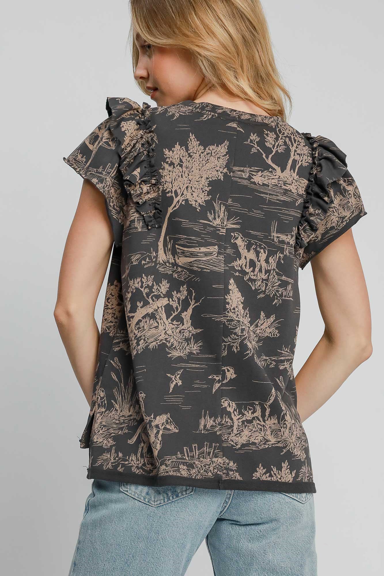 Ruffled Landscape Print Short Sleeve French Terry Top