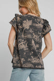 Ruffled Landscape Print Short Sleeve French Terry Top