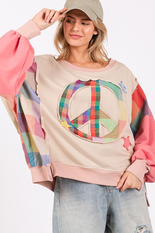 Full Size Contrast Peace Patch Dropped Shoulder Sweatshirt