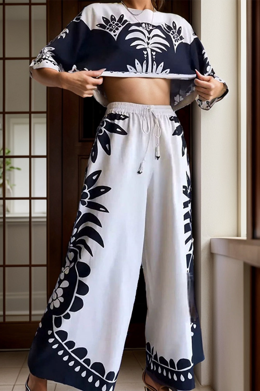 Half Sleeve Top and Wide Leg Resort Pants Set