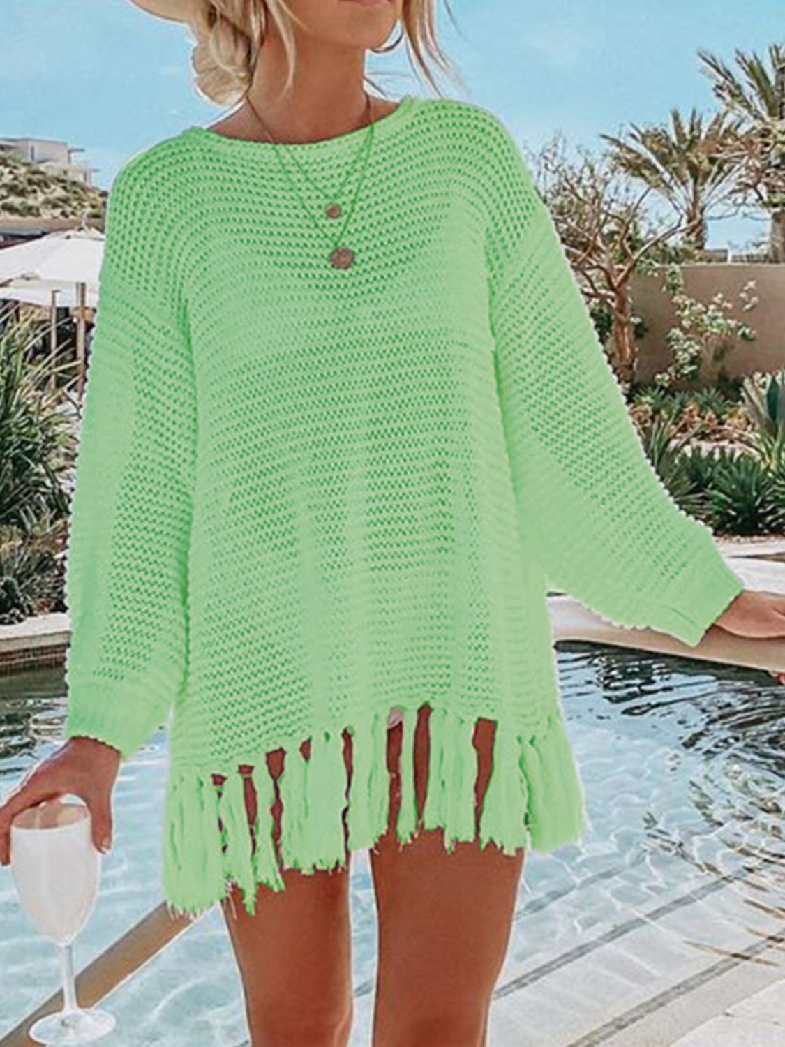 Tassel Hem Long Sleeve Knit Beach Cover Up