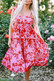 Pink Florals Sleeveless Tiered Summer Midi Dress