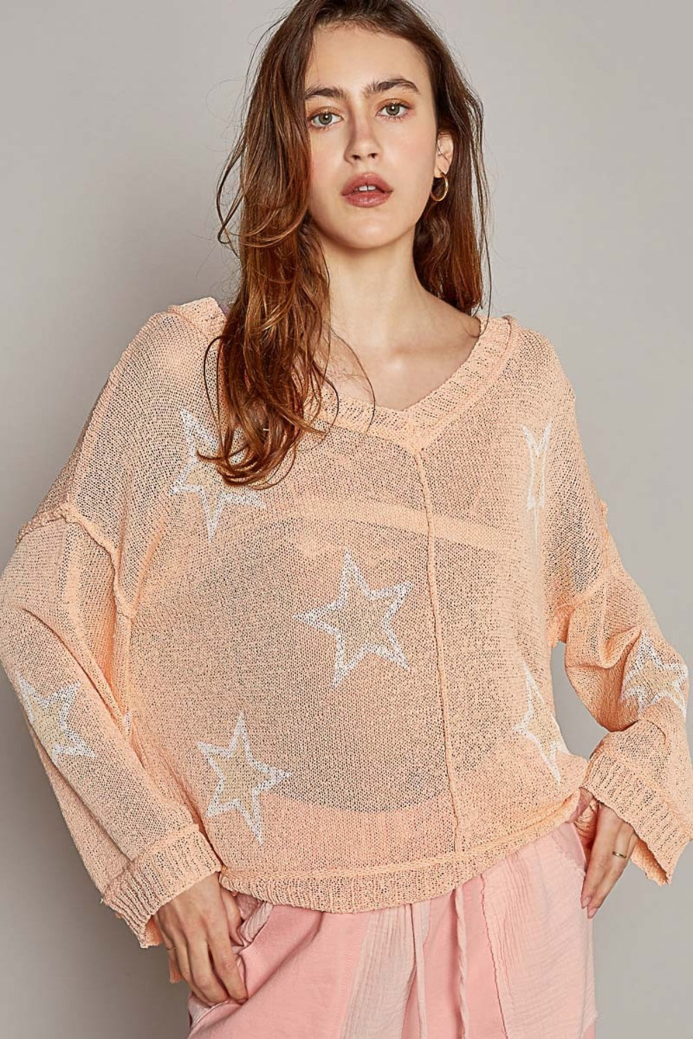 Beachy Boho Baggy Long Sleeve Star Print Knit Top