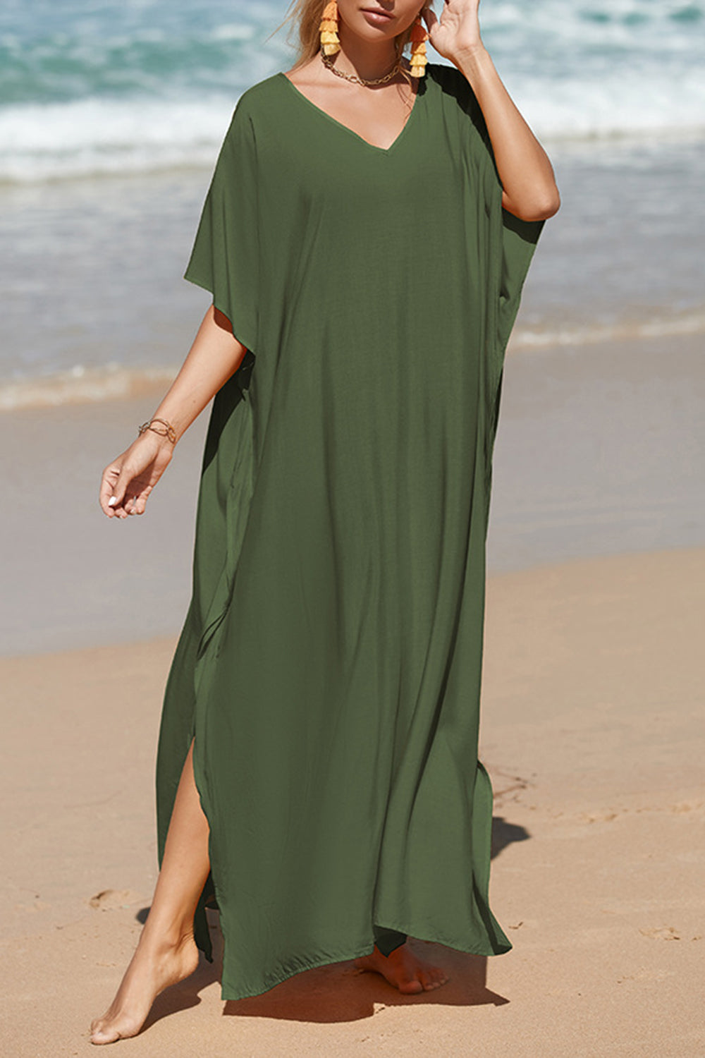 Slit V-Neck Half Sleeve Cover-Up Beach Maxi Dress