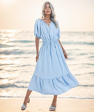 Blue Elastic Waist Tie Neck Puff Sleeve Midi Resort Dress