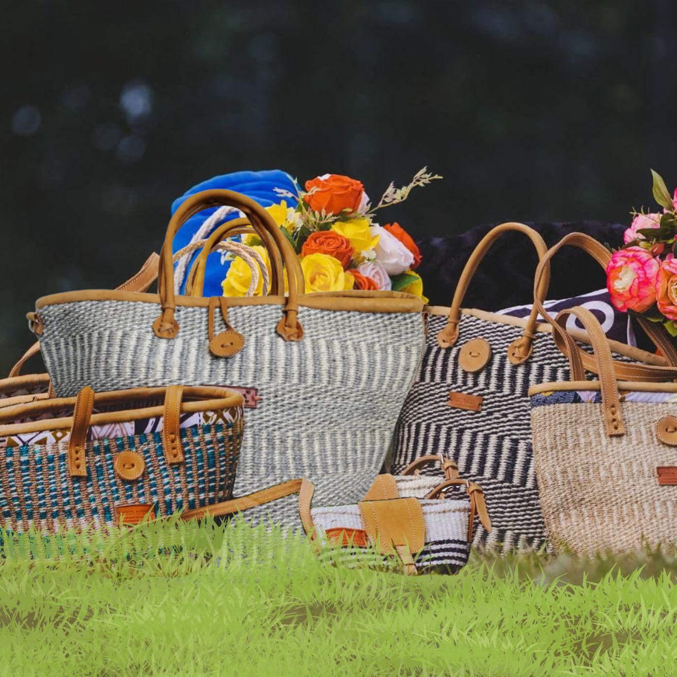 Ash Wisdom Striped Handwoven Sisal Straw Basket Tote - Handwoven Kenya