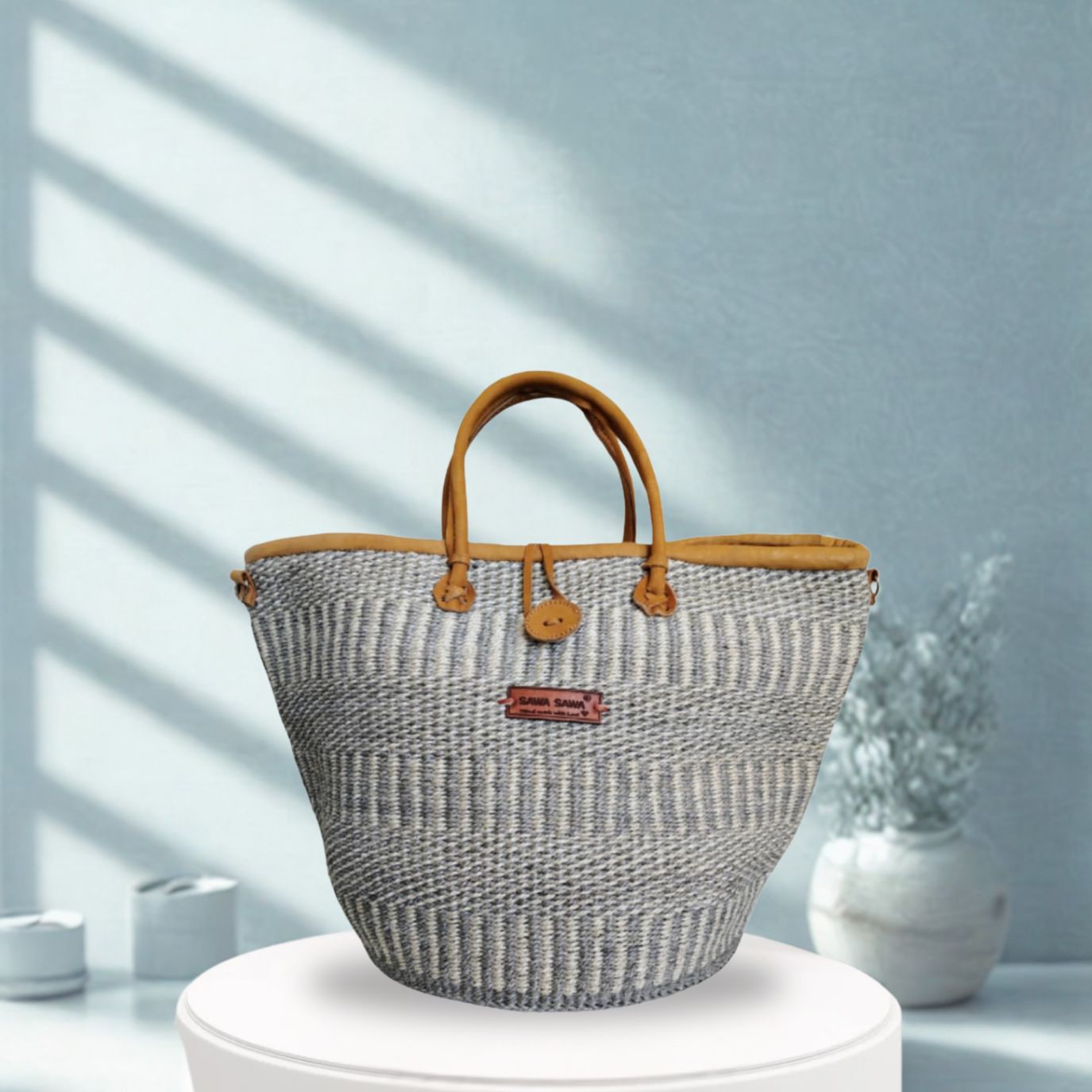 Ash Wisdom Striped Handwoven Sisal Straw Basket Tote - Handwoven Kenya