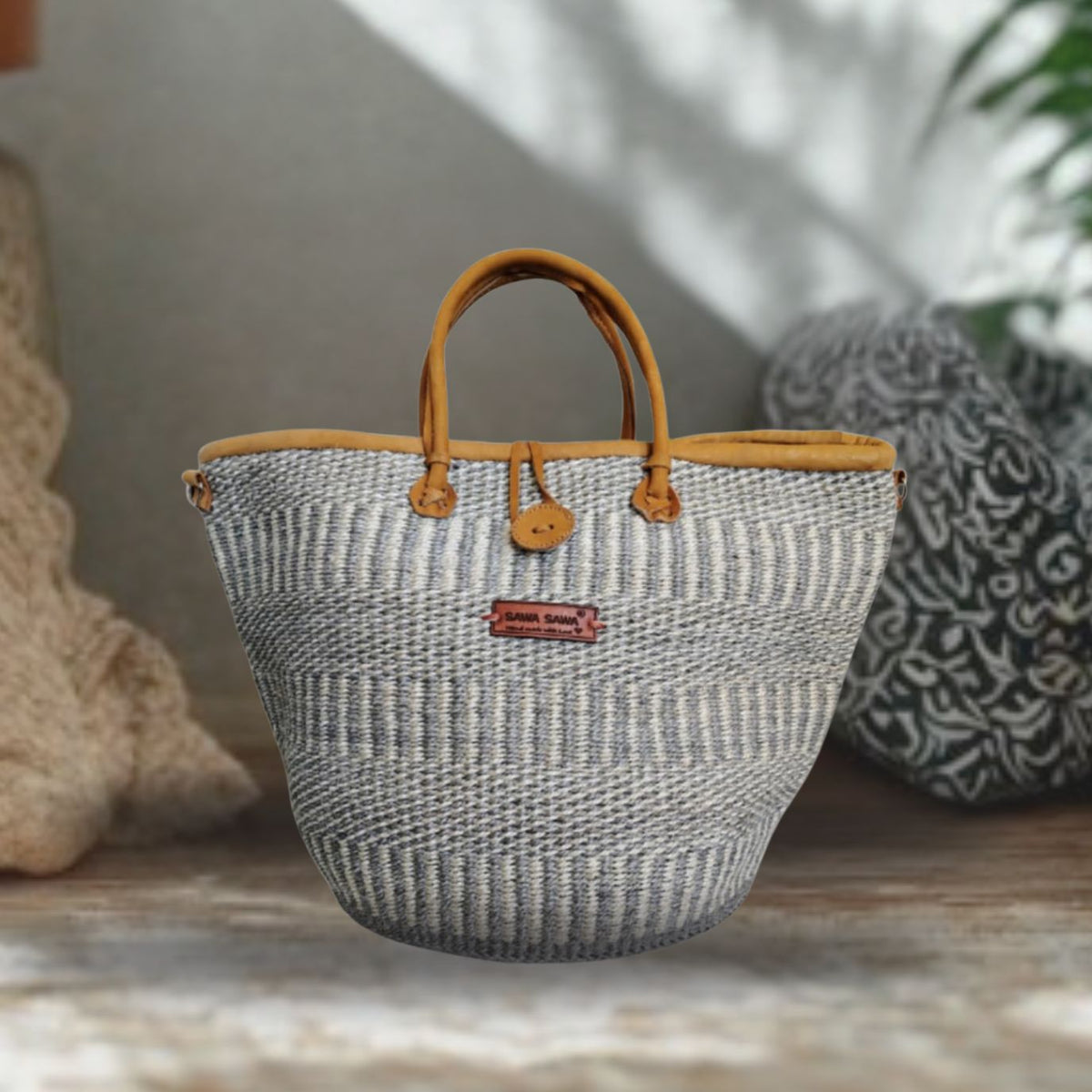 Ash Wisdom Striped Handwoven Sisal Straw Basket Tote - Handwoven Kenya