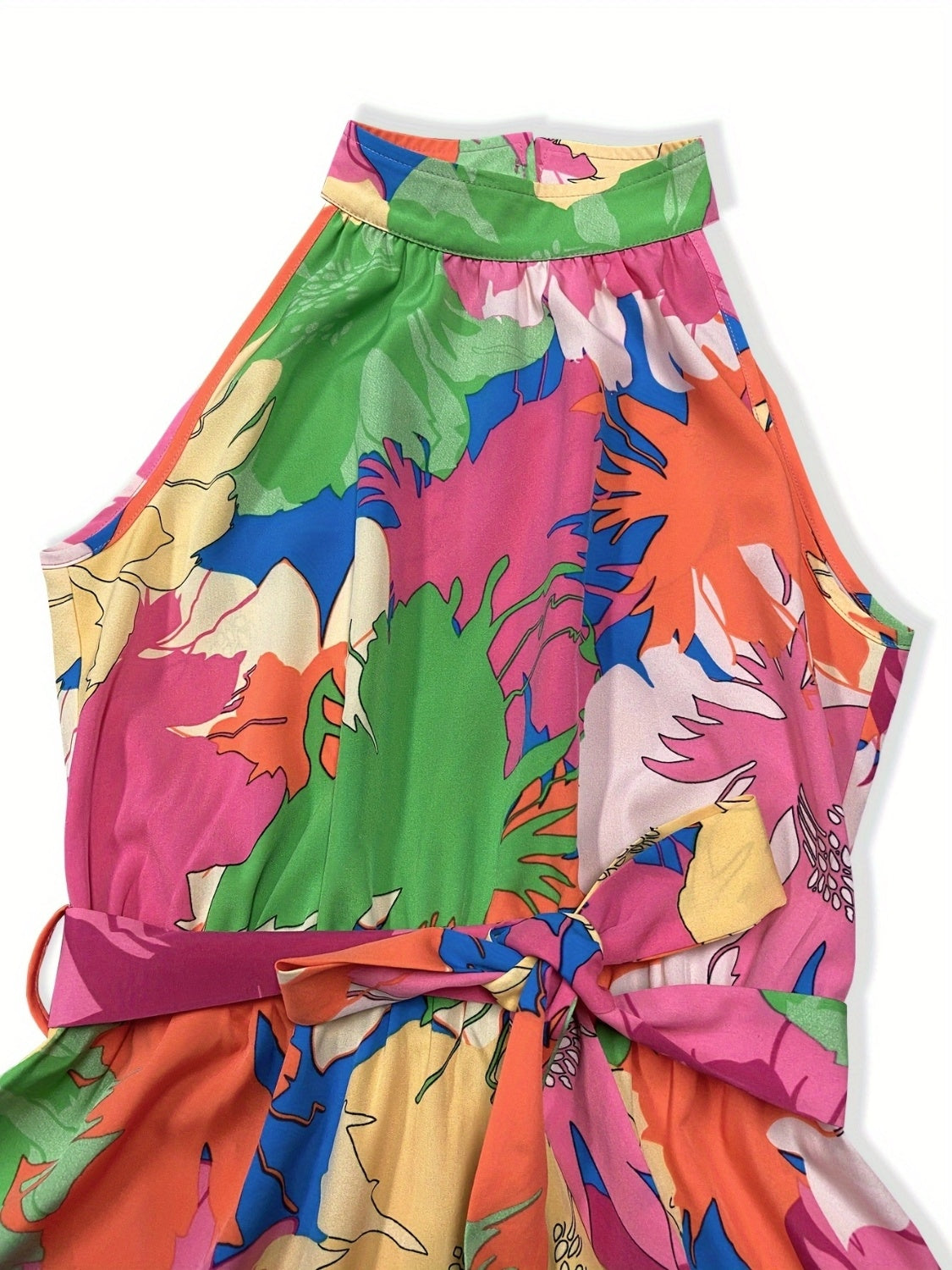Tied Printed Mock Neck Tropical Resort Dress