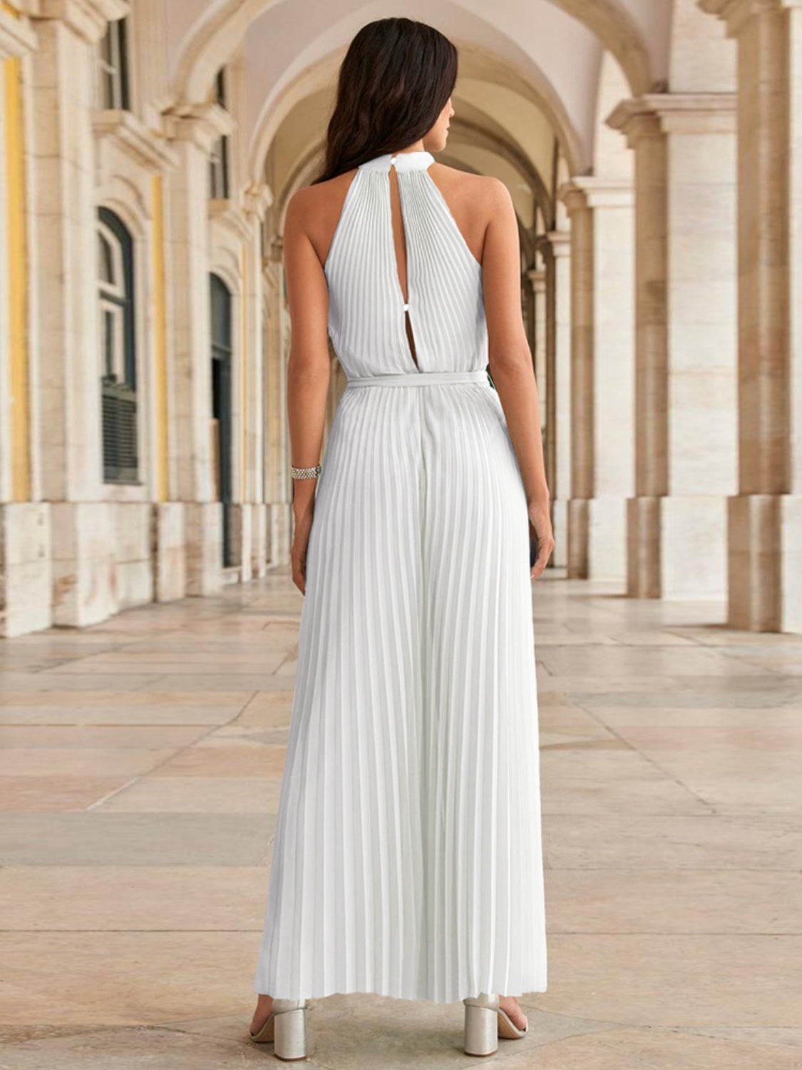 Tie Waist Pleated Sleeveless Resort Jumpsuit