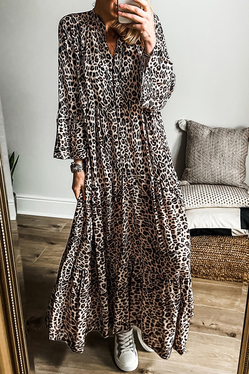 Leopard Notched Long Sleeve Maxi Resort Dress