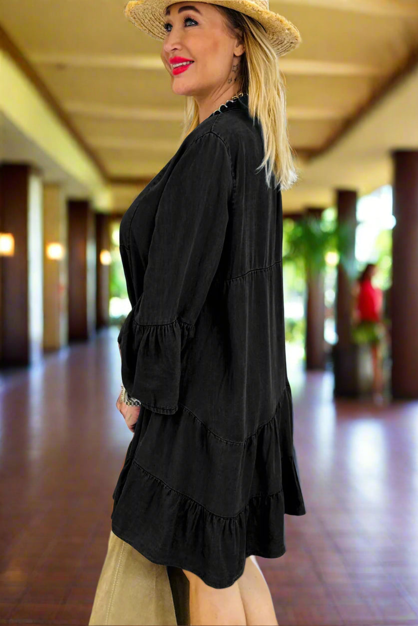 Three-Quarter Sleeve Black Denim Resort or Summer Dress