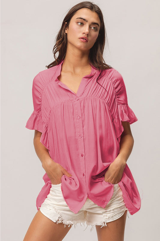 Ruffled Pink Shirred Ruffled Button-Down Shirt