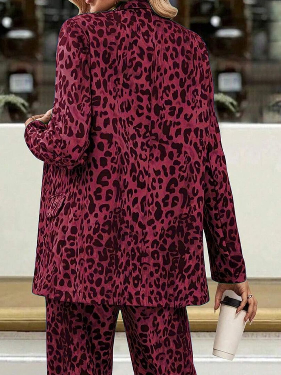 Full Size Leopard Long Sleeve Resort Blazer and Pants Travel Set