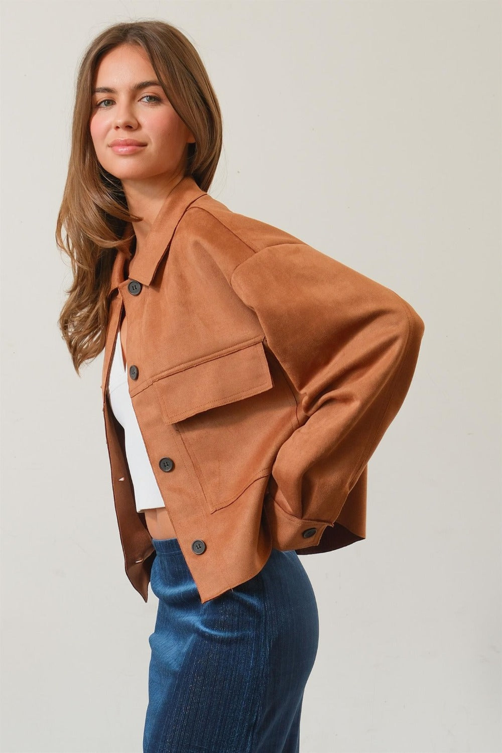 Suede Button Down Cropped Jacket