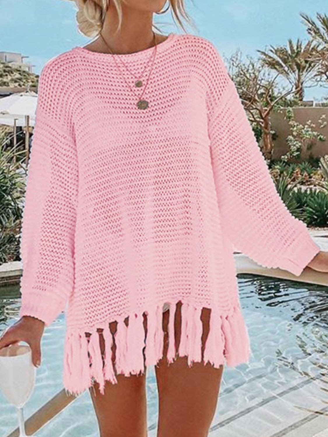 Tassel Hem Long Sleeve Knit Beach Cover Up