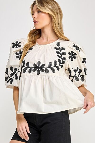 Puff-Sleeve Embroidered Peplum Blouse