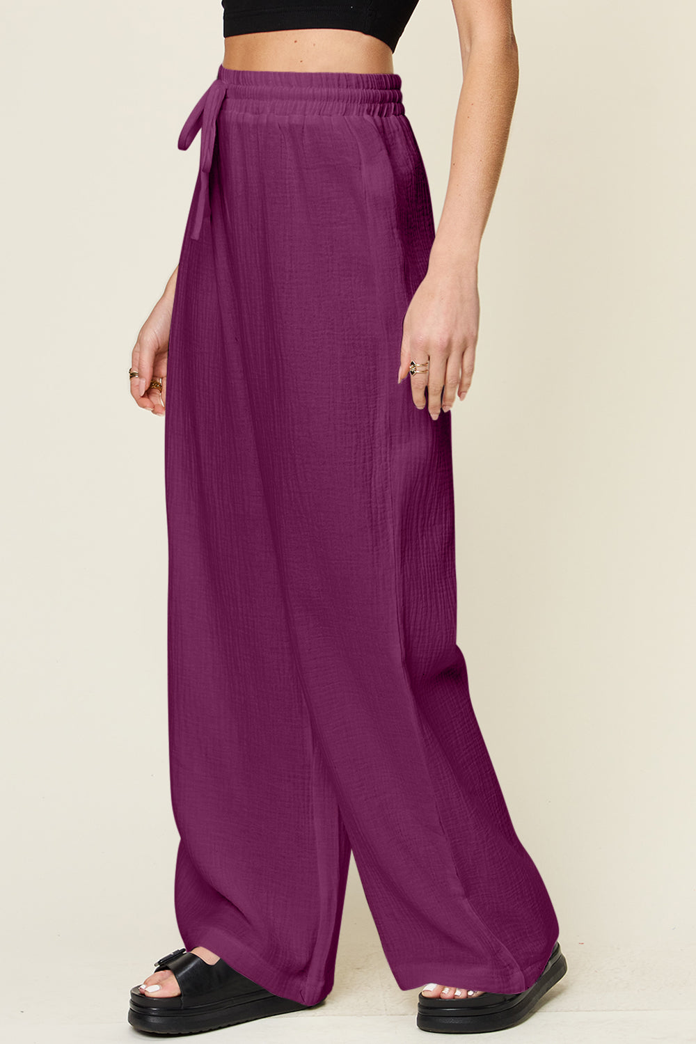 Full Size Texture Drawstring Wide Leg Pants