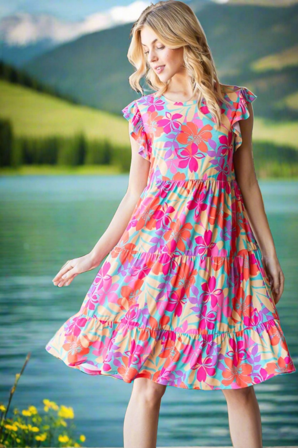 Full Size Floral Cap Sleeve Summer Dress