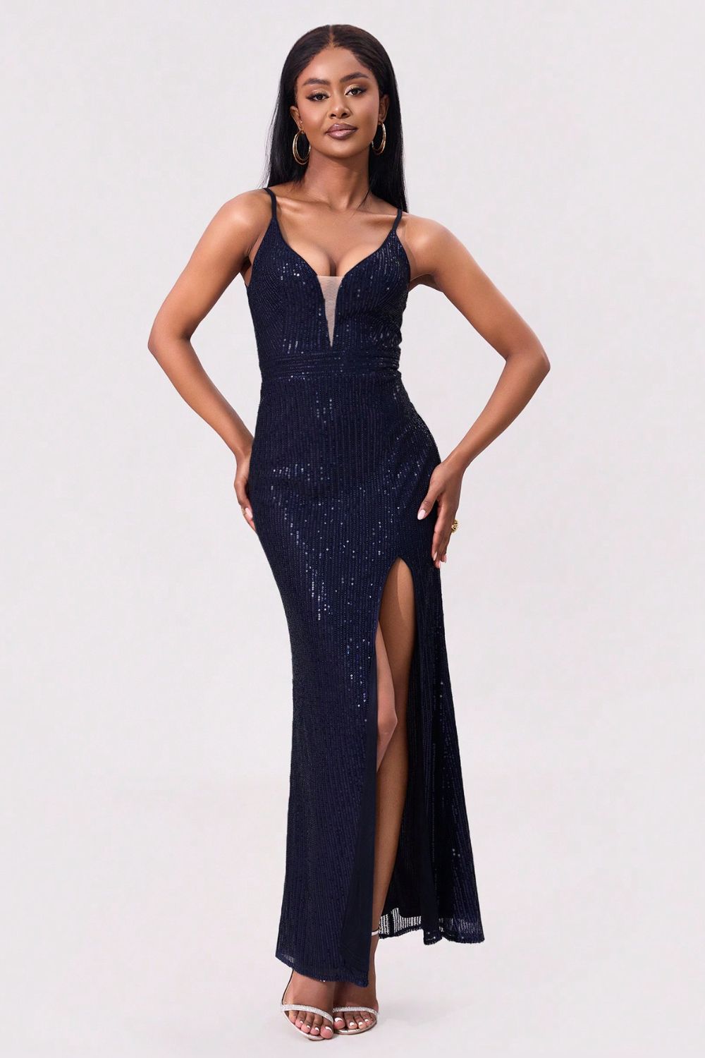 Split Sequin Backless Black Cami Evening Gown