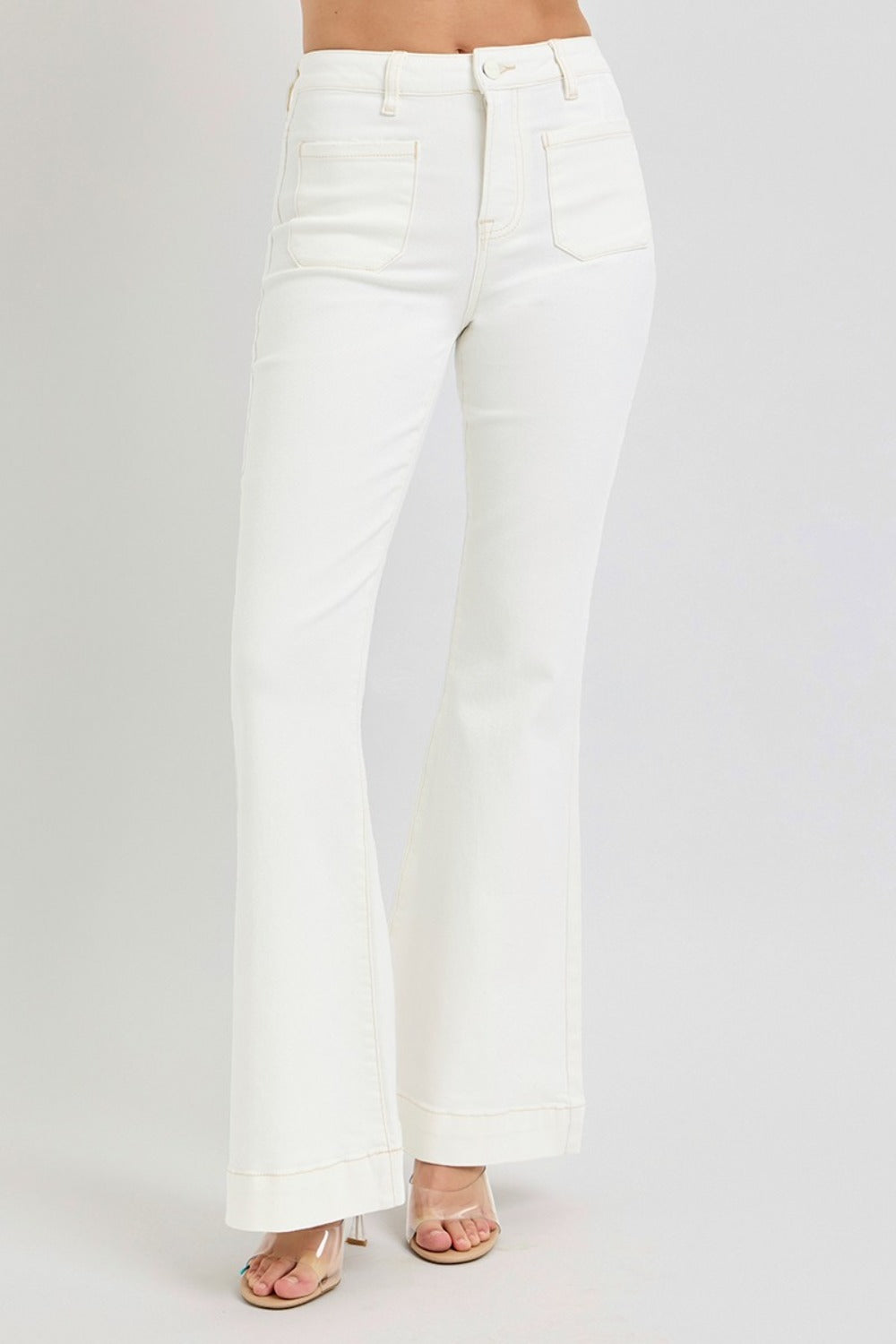 Full Size High Rise Front Patch Pocket White Flare Jeans