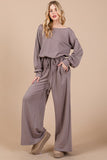 Mocha Boat Neck Long Sleeve Drawstring Baggy Jumpsuit