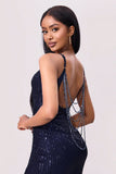 Split Sequin Backless Black Cami Evening Gown