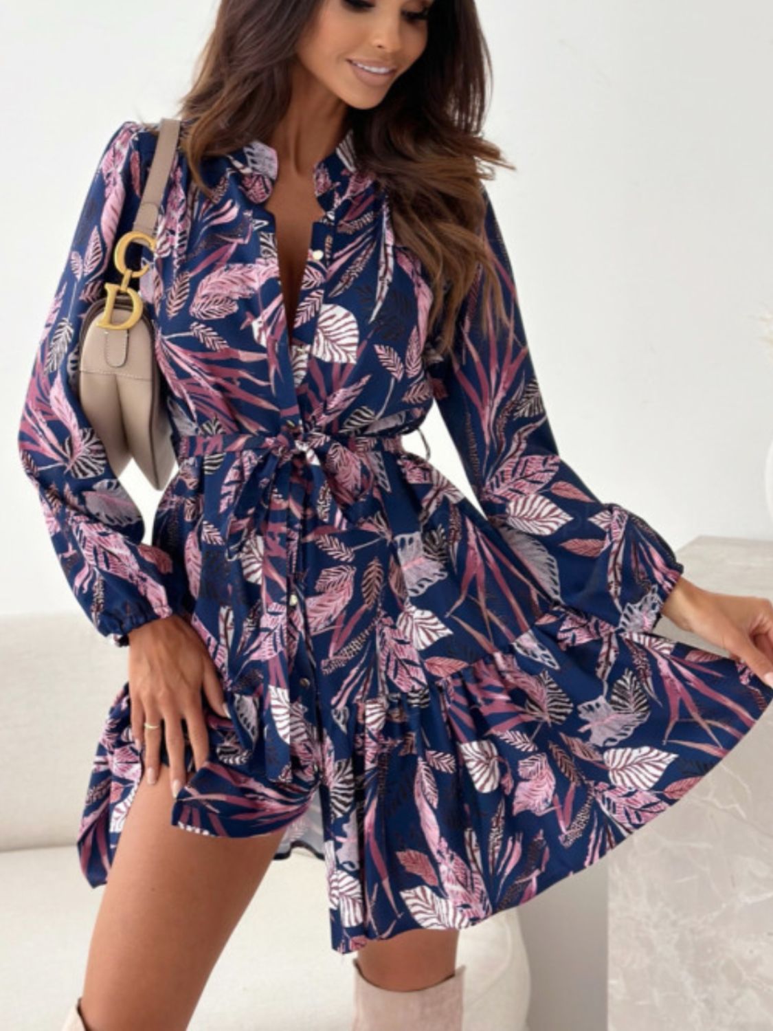 Ruffle Hem Floral Long Sleeve Resort Dress