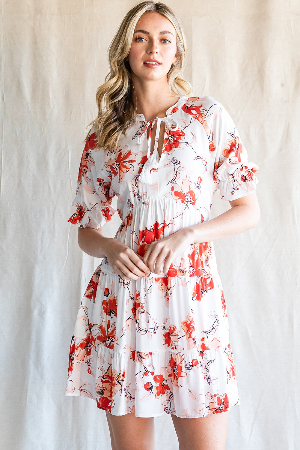 Floral Tie Neck Summer Mini Dress