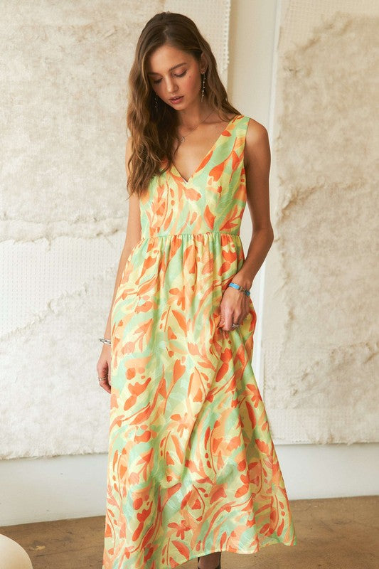 Abstract Floral V-Neck Summer Maxi Dress