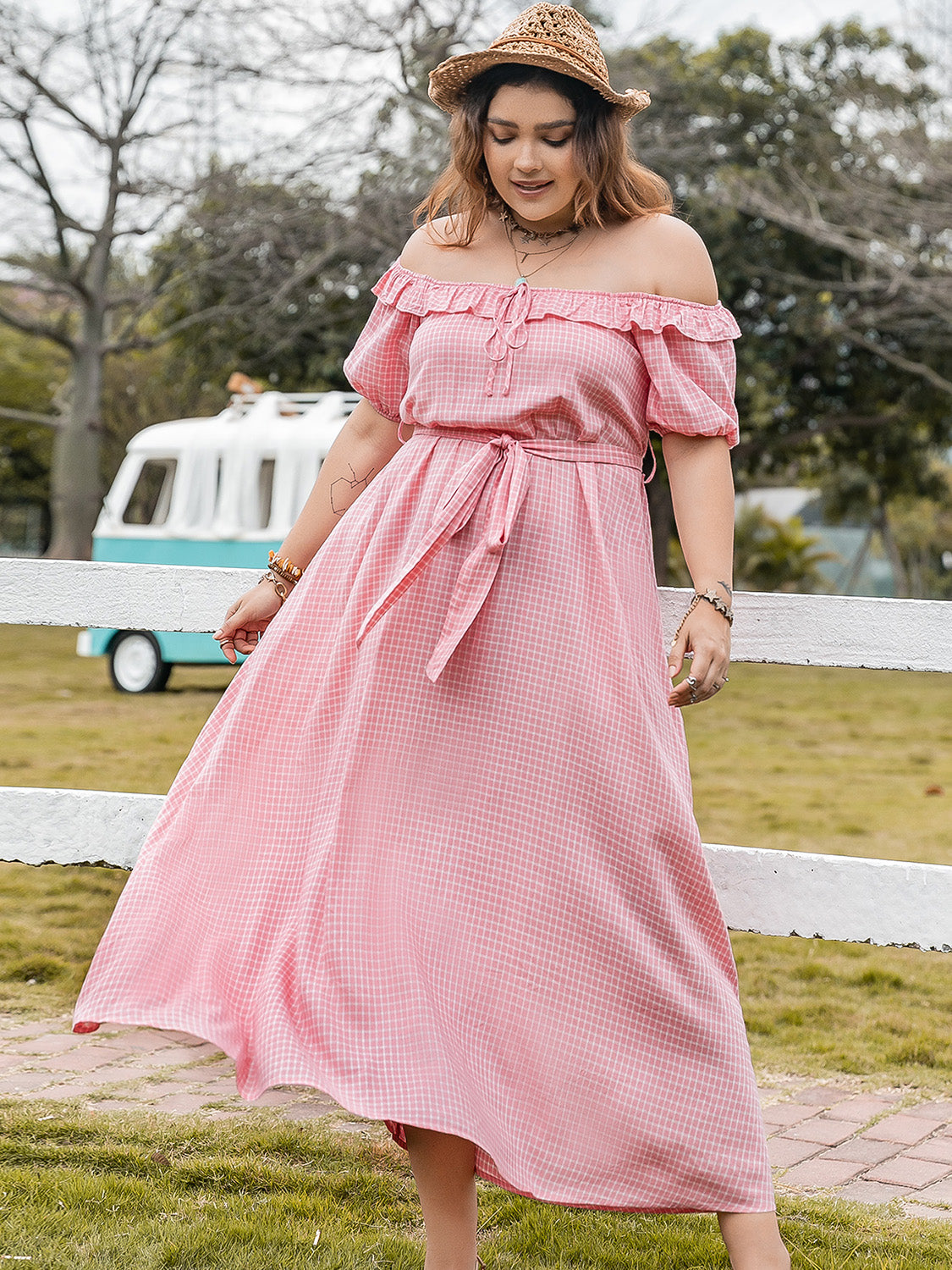 Plus Size Plaid Off-Shoulder Summer Midi Dress