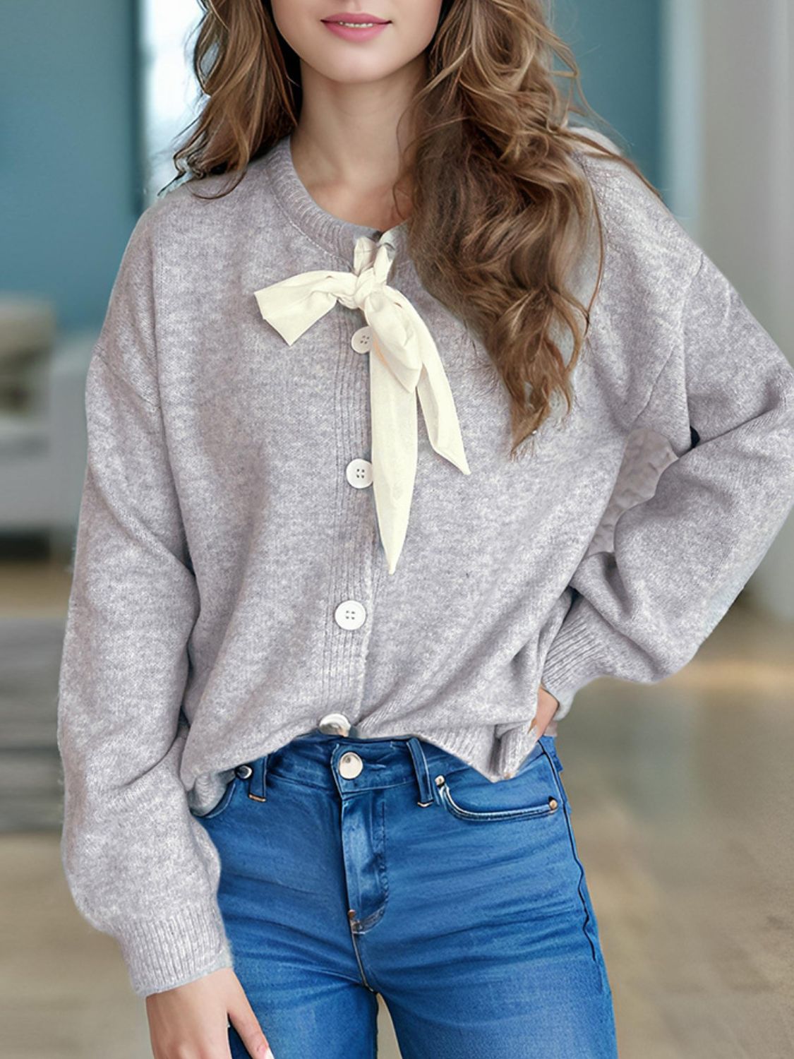 Cute Bow Tie Long Sleeve Cardigan