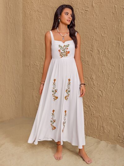 Floral Embroidered White Sleeveless Beach Maxi Dress