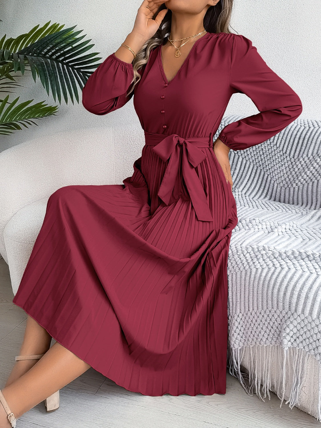 Pleated Tied V-Neck Long Sleeve Midi Dress