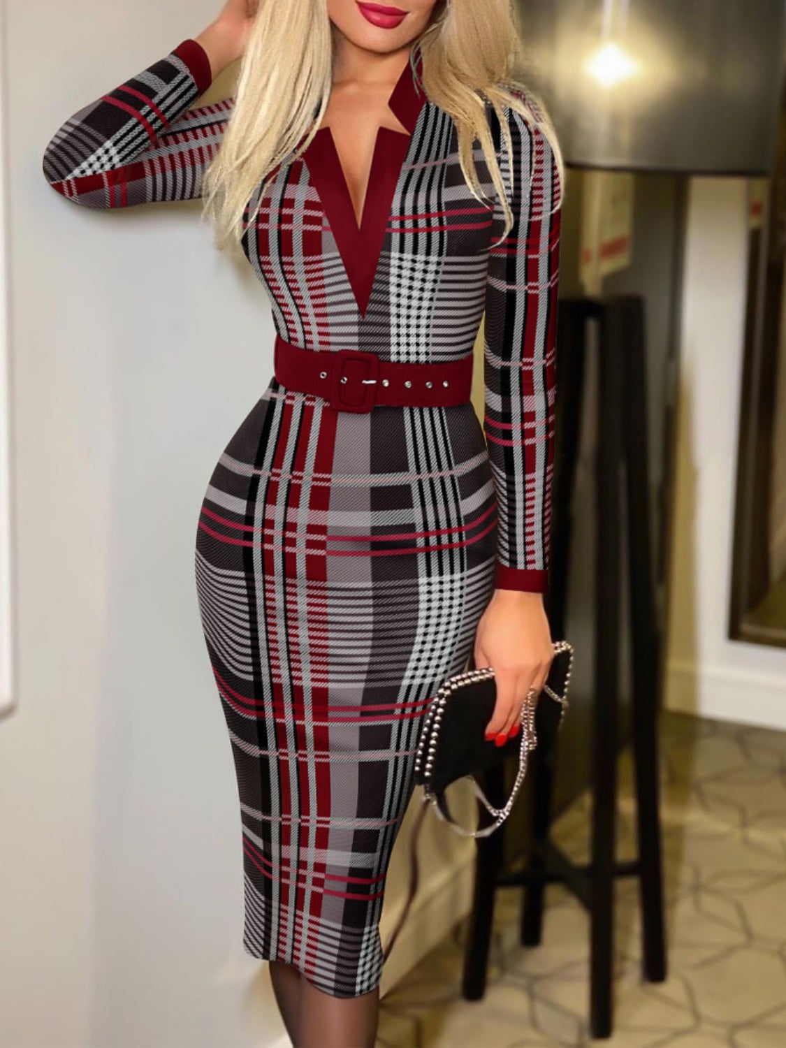 Notched Long Sleeve Wrap Dress