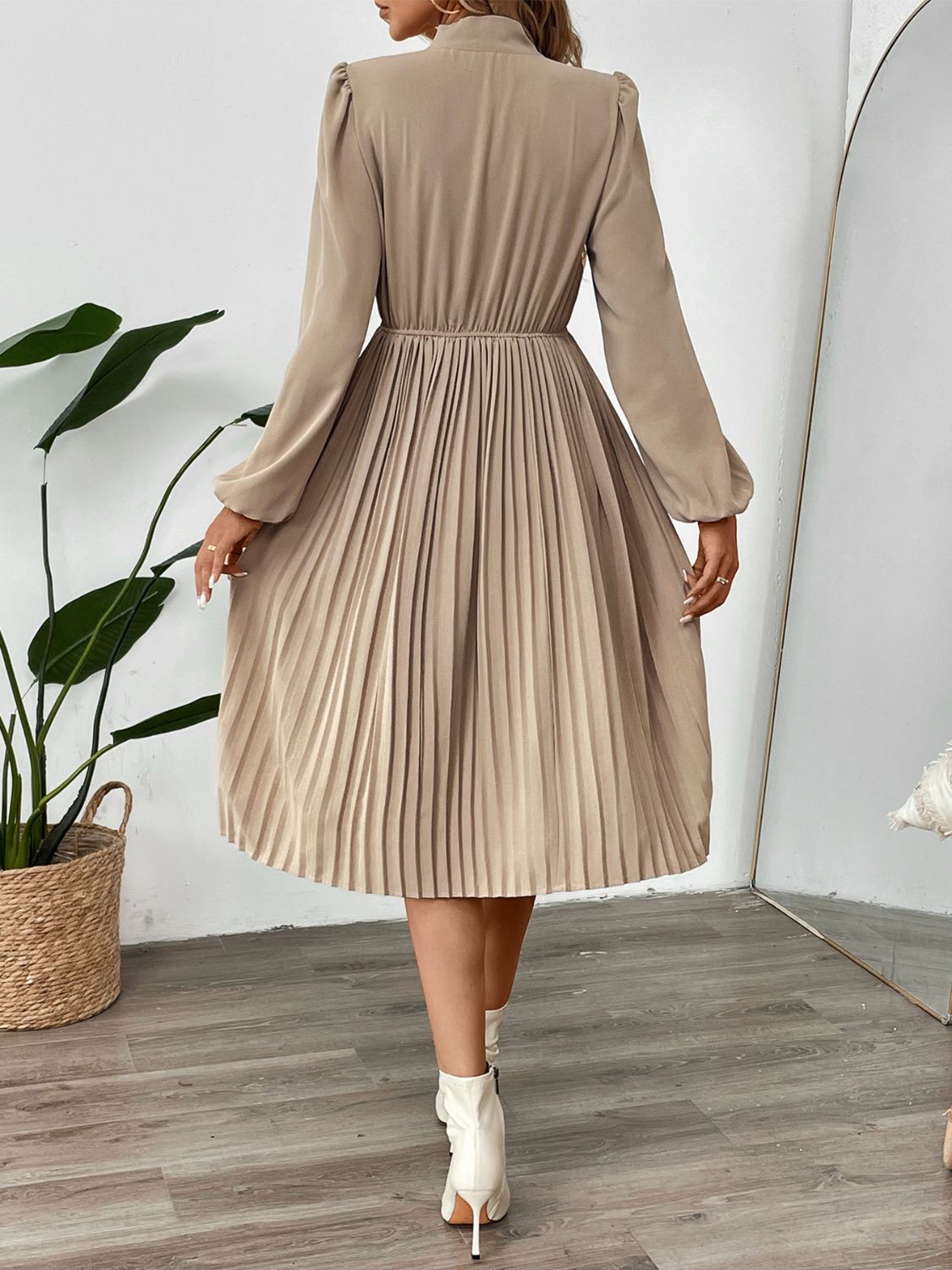 Work or Office Tie Neck Long Sleeve Midi Dress