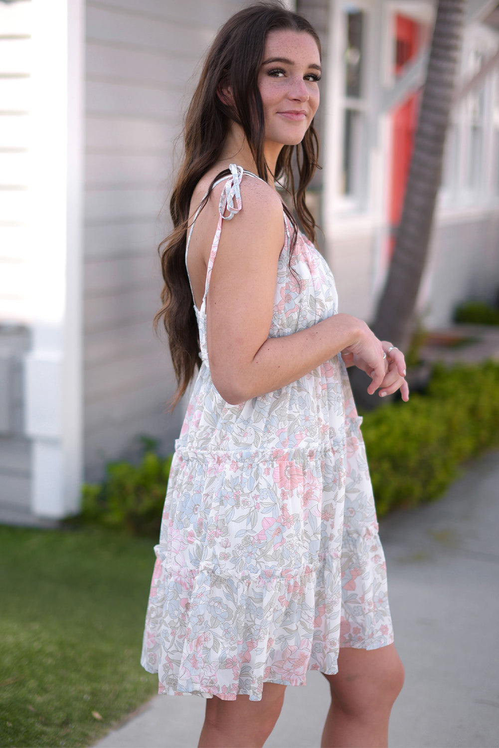 Floral Tie-Shoulder Frill Trim Summer Mini Dress