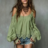 Women's Ruffle Detail Puff Sleeve Blouse – Strap-Layered Boho Lace-Look