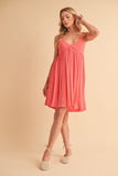 Coral Ruched Plunge Mini Summer Cami Dress