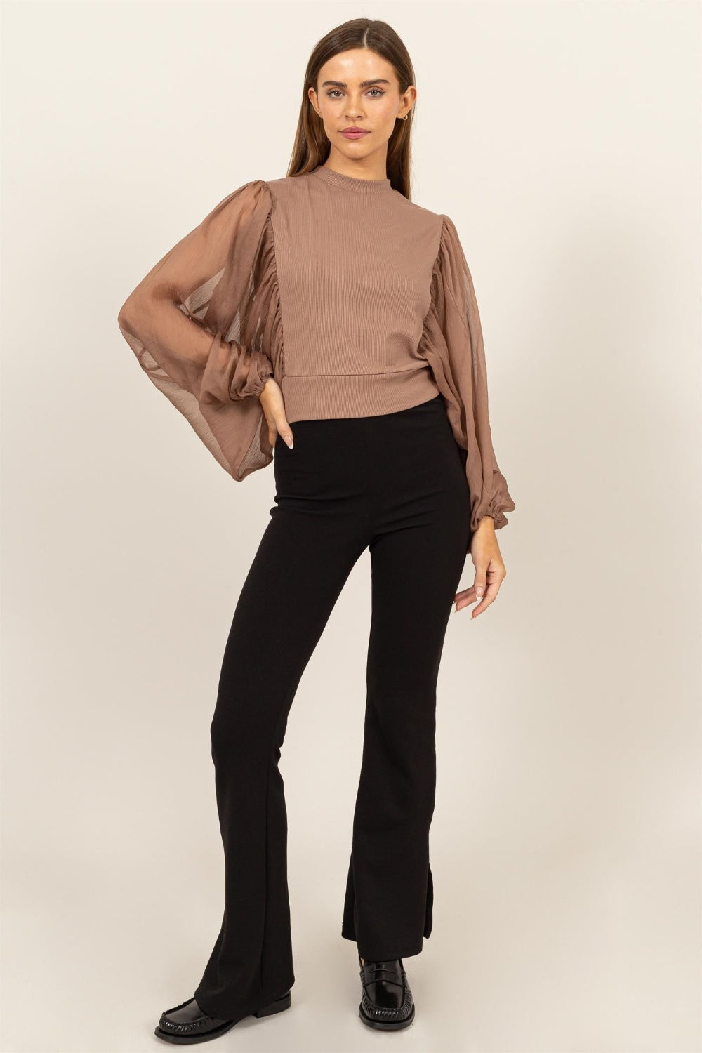 Sheer Long Sleeve Mock Neck Blouse