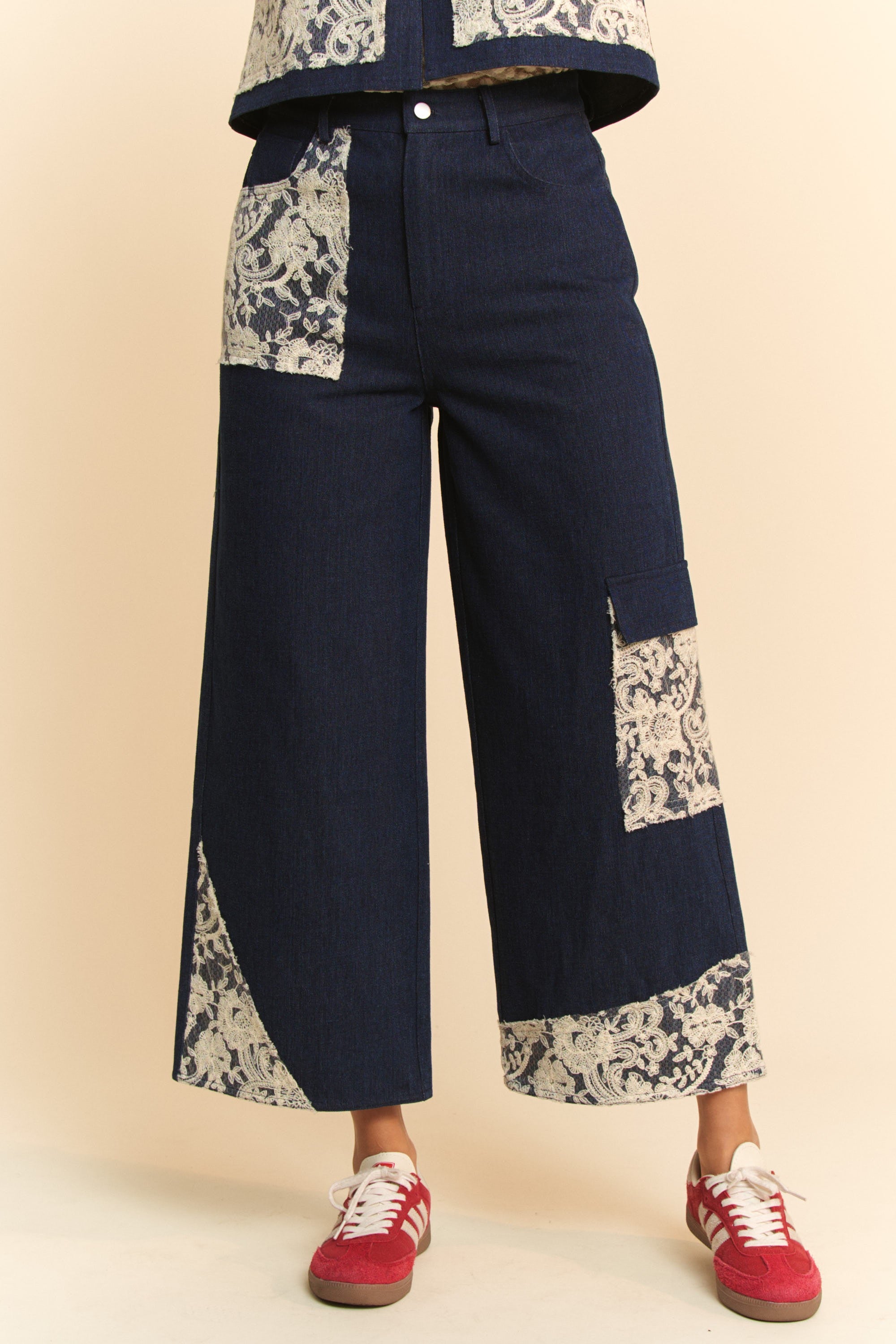 Lace Applique Wide Leg Jeans