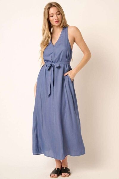 Dusty Blue Cross Back Belted V Neck Tank Maxi Dress