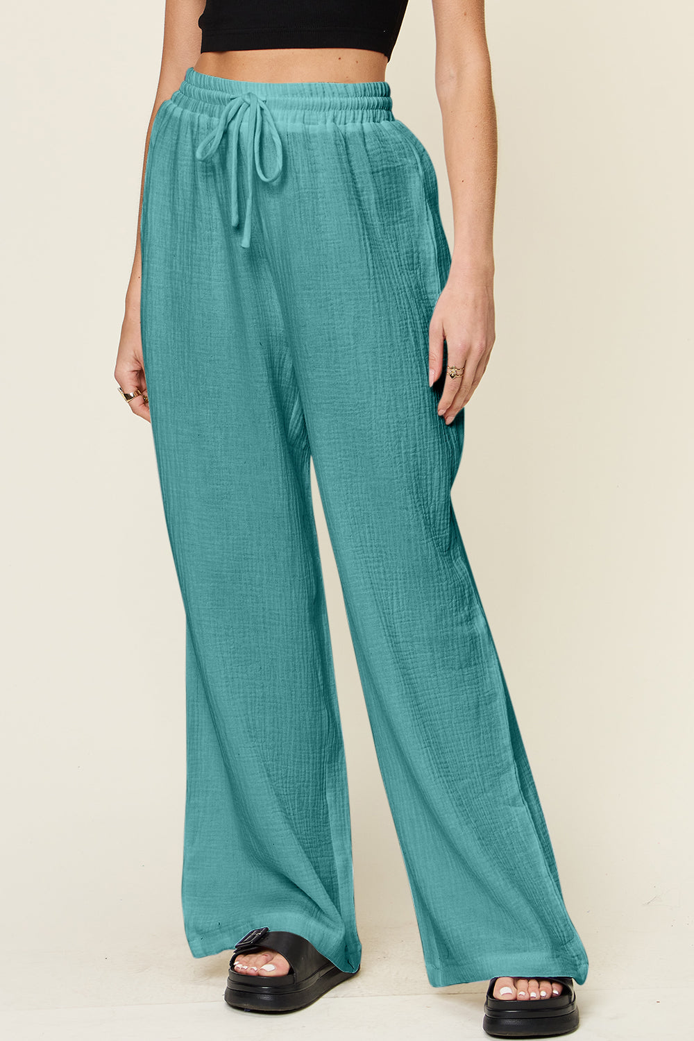 Full Size Texture Drawstring Wide Leg Pants