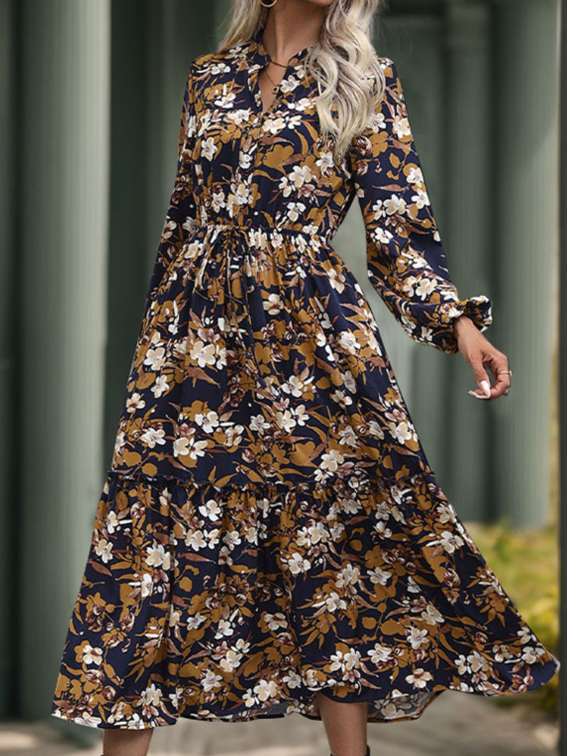 Notched Long Sleeve Midi Dress