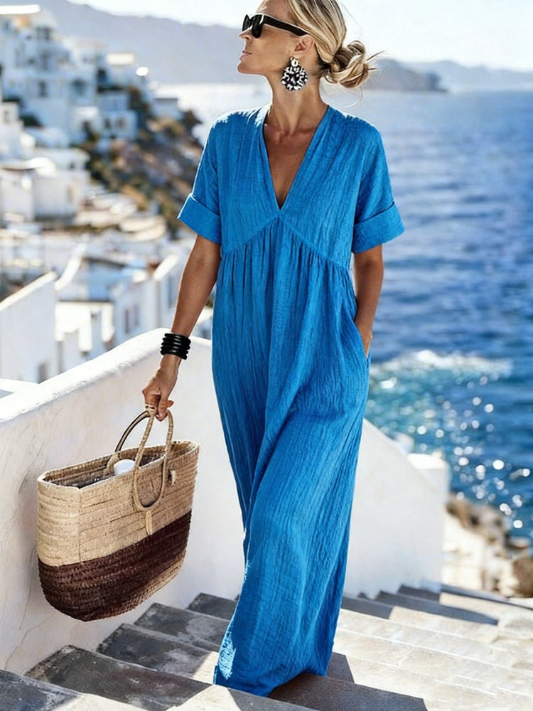 V-Neck Short-Sleeve High Waist Resort Maxi Dress | Resort Style