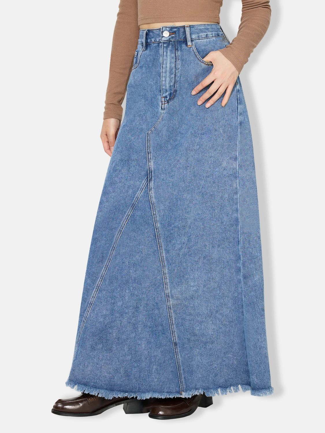 Raw Hem Long Denim Skirt