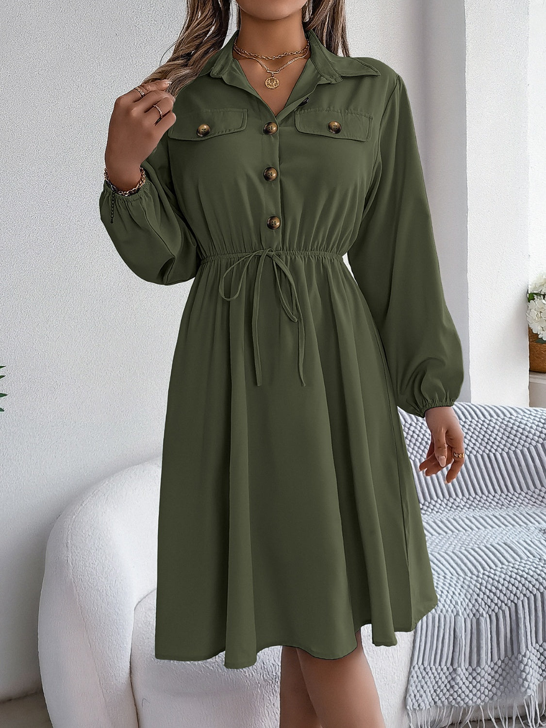 Collared Neck Long Sleeve Midi Dress with Pockets