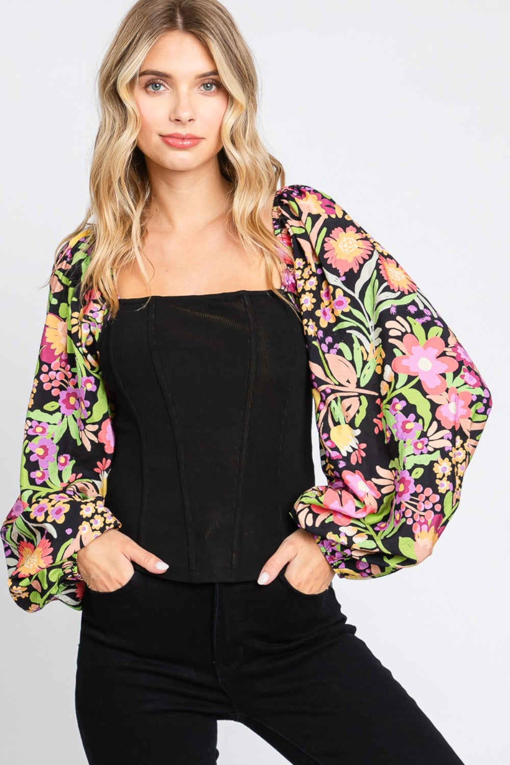 Full Size Floral Balloon Sleeve Resort Blouse