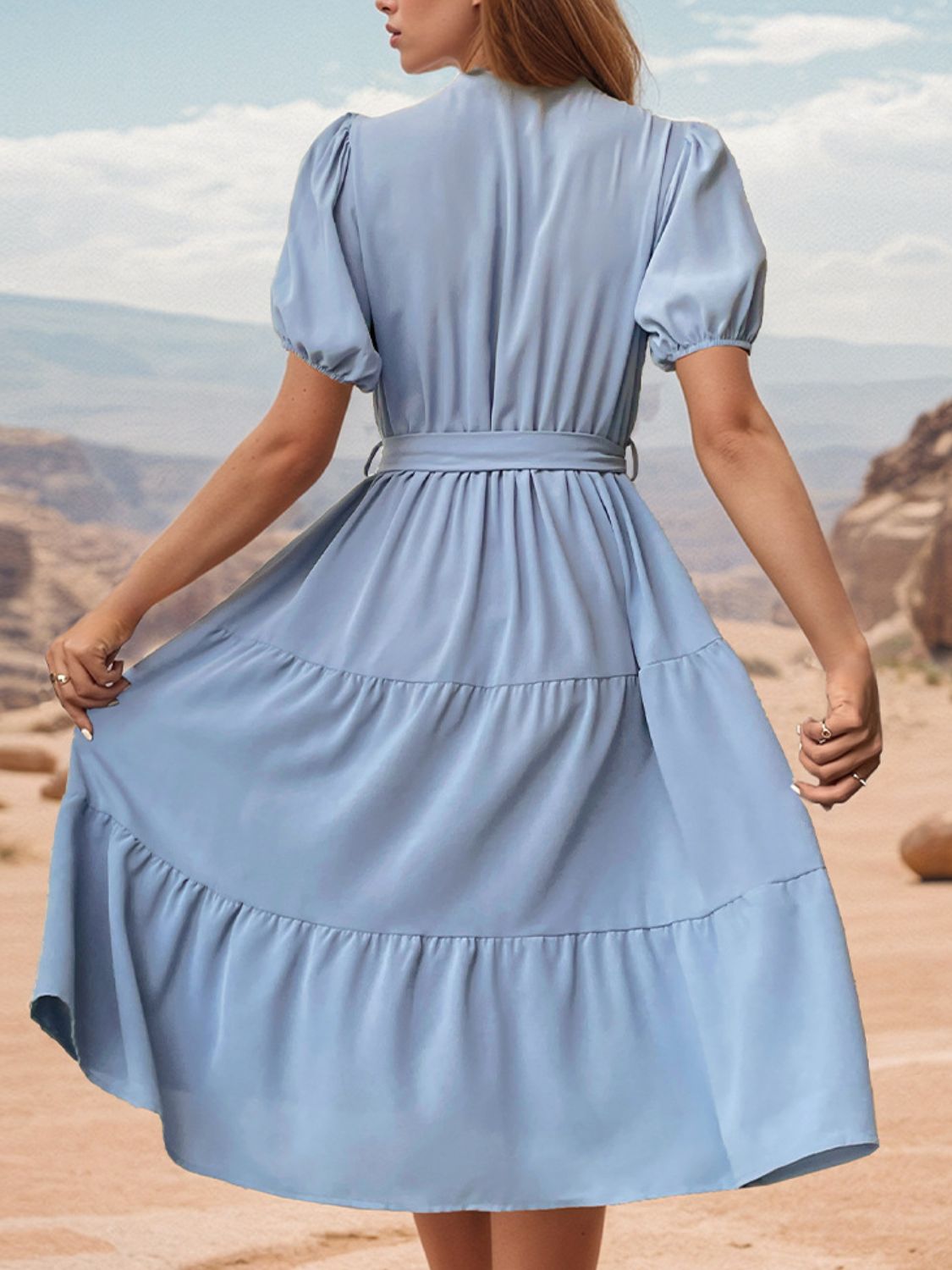 Tie Waist Puff Sleeve Summer Midi Dress